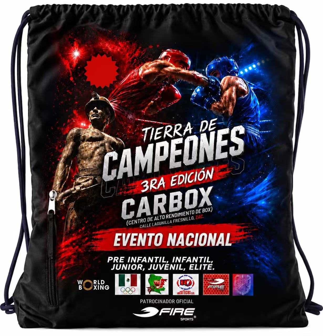black boxing event polyester drawstring backpack with zipper pocket - view 1