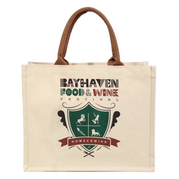 canvas panel jute tote with brown handles product example - view 1