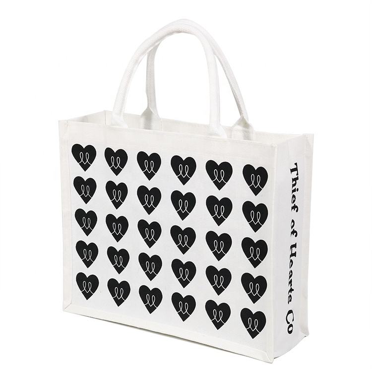 canvas panel jute tote with brown handles product example - view 6