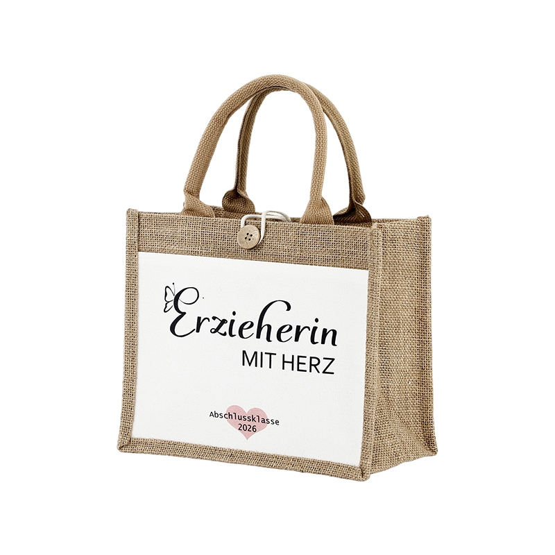 canvas panel jute gift bag with button closure product example - view 6