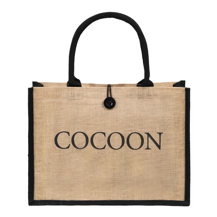 button closure jute tote with black trim product example - view 4