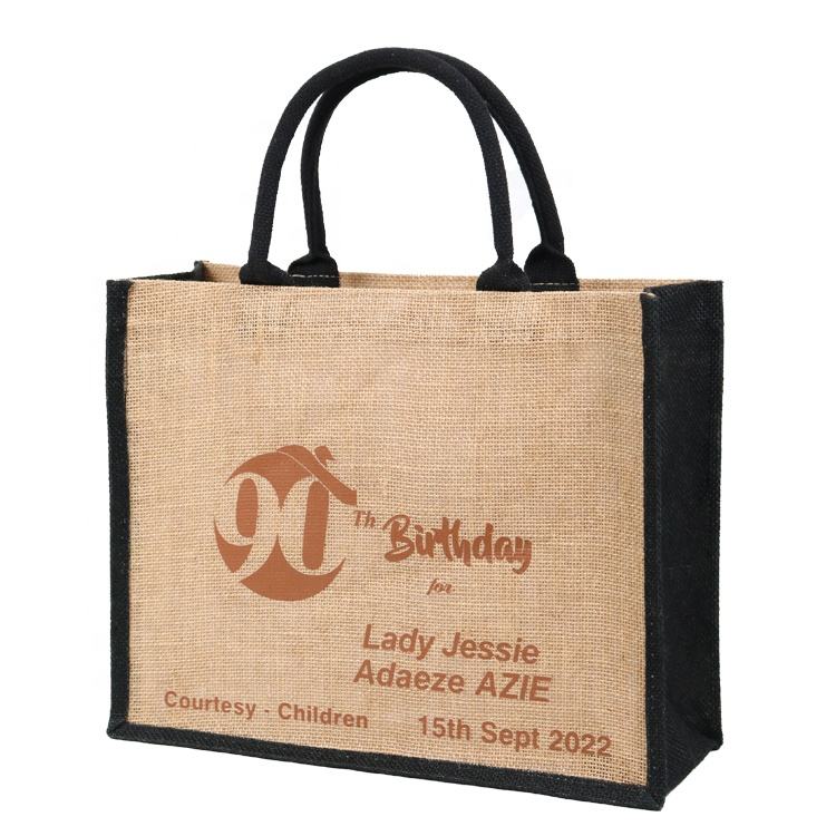 button closure jute tote with black trim product example - view 6
