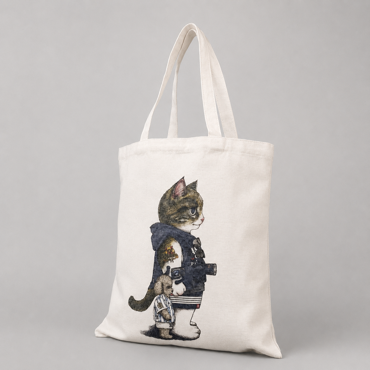 natural canvas tote with detailed cat character illustration - view 1