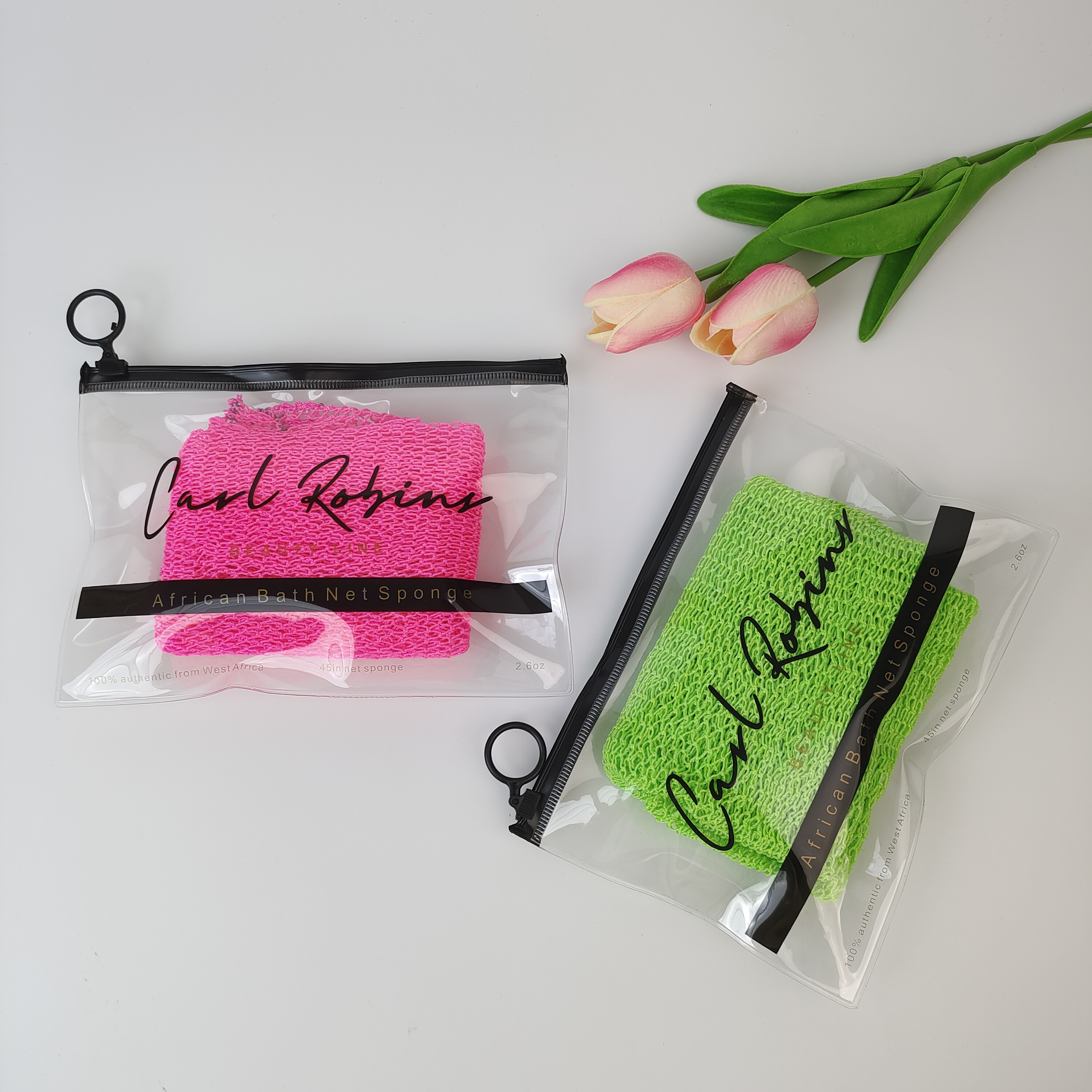 clear PVC zipper bag containing a bath sponge