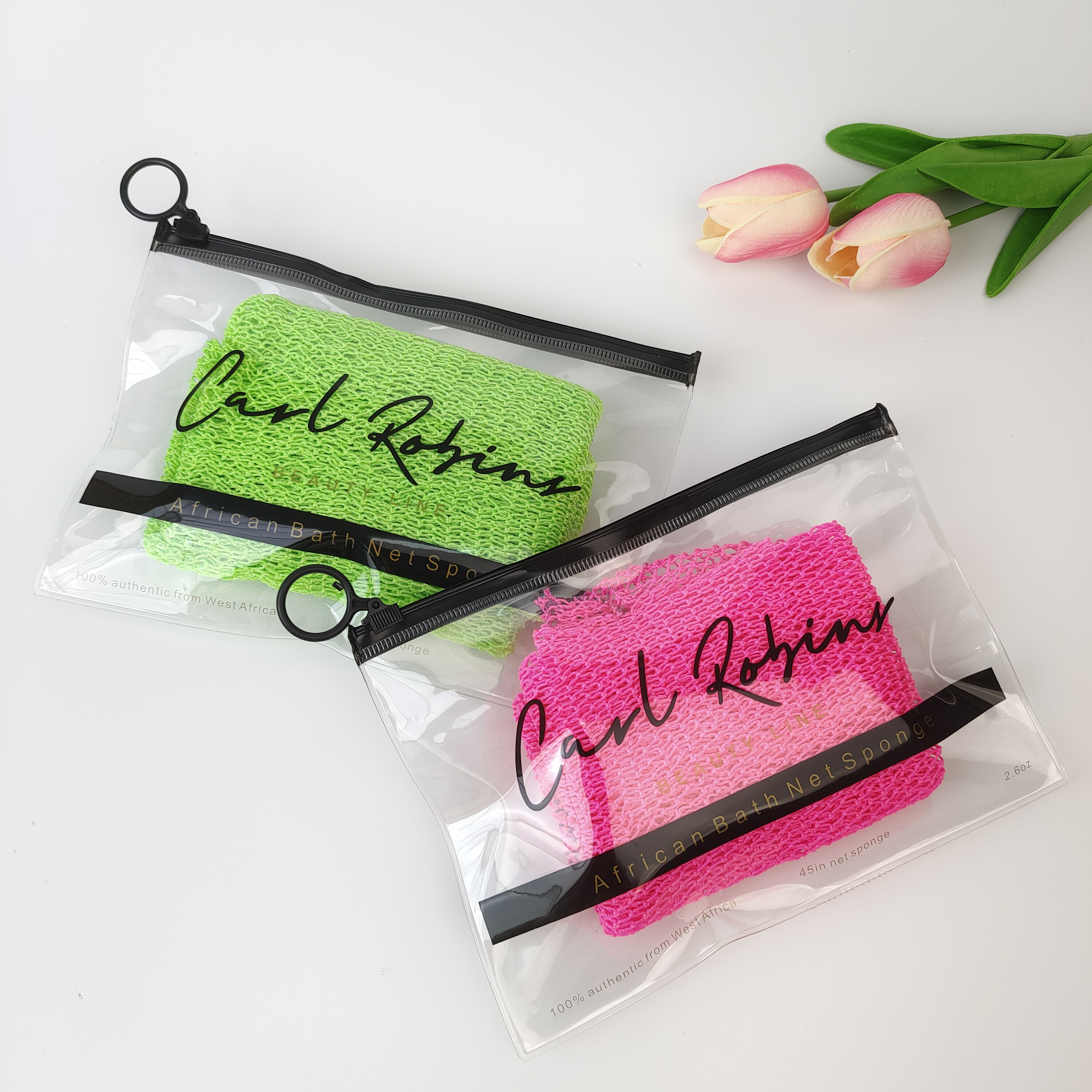 clear PVC zipper bag containing a bath sponge - view 3
