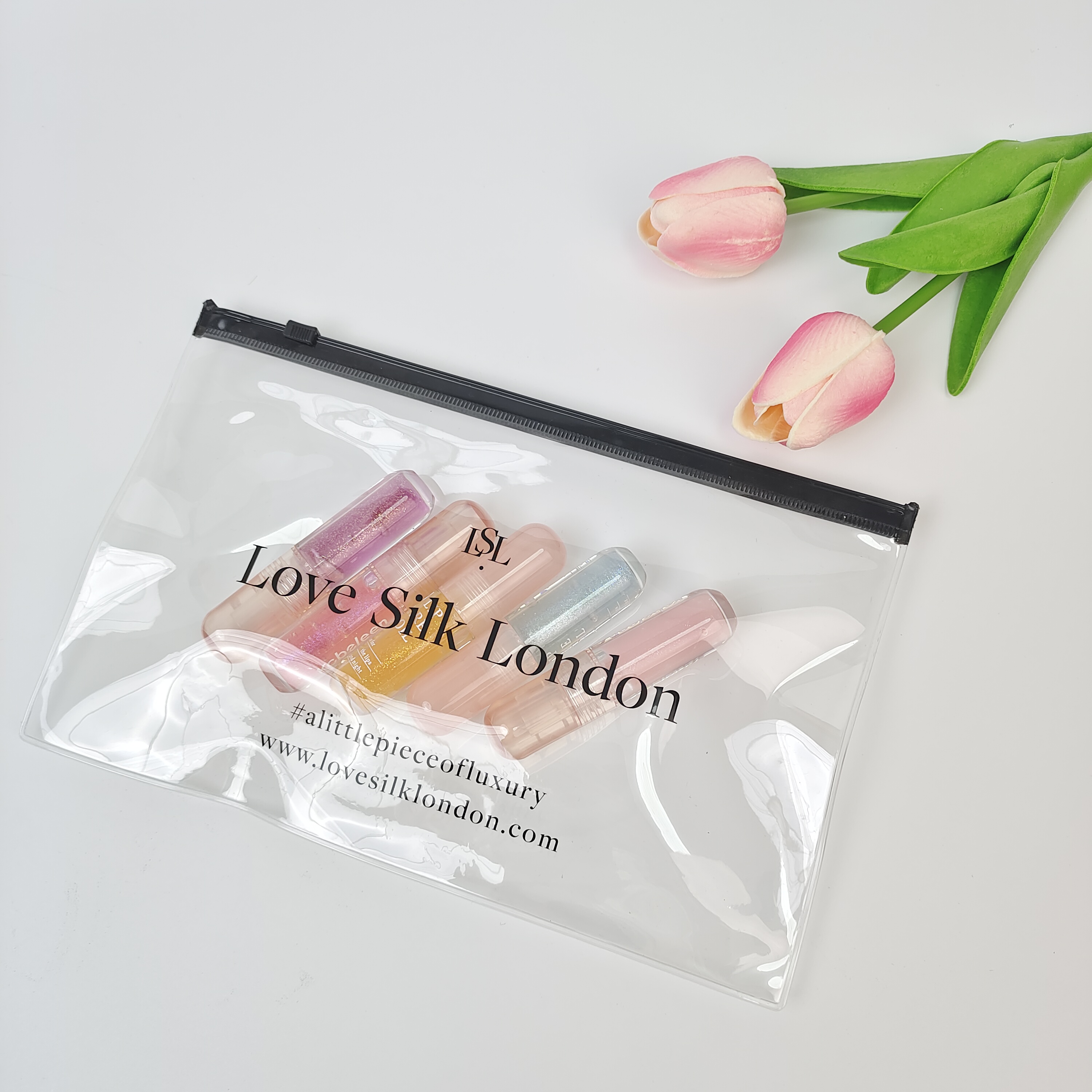 transparent PVC zipper bag with black printed logo