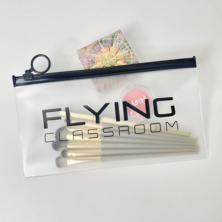 clear PVC cosmetic pouch set with black ring pull zippers and logo printing - view 2