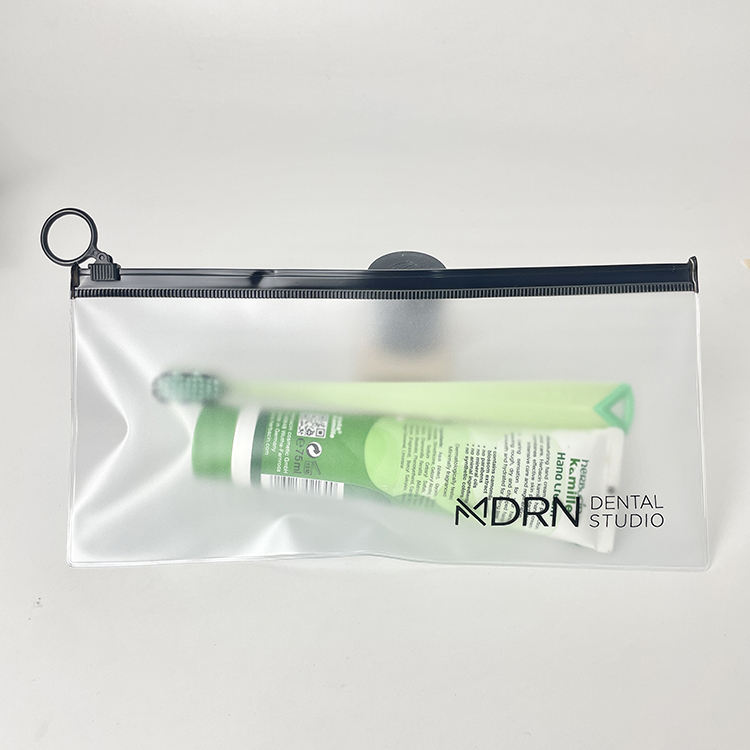 clear PVC cosmetic pouch set with black ring pull zippers and logo printing - view 3