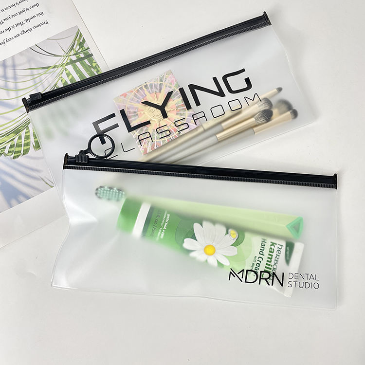 clear PVC cosmetic pouch set with black ring pull zippers and logo printing - view 4