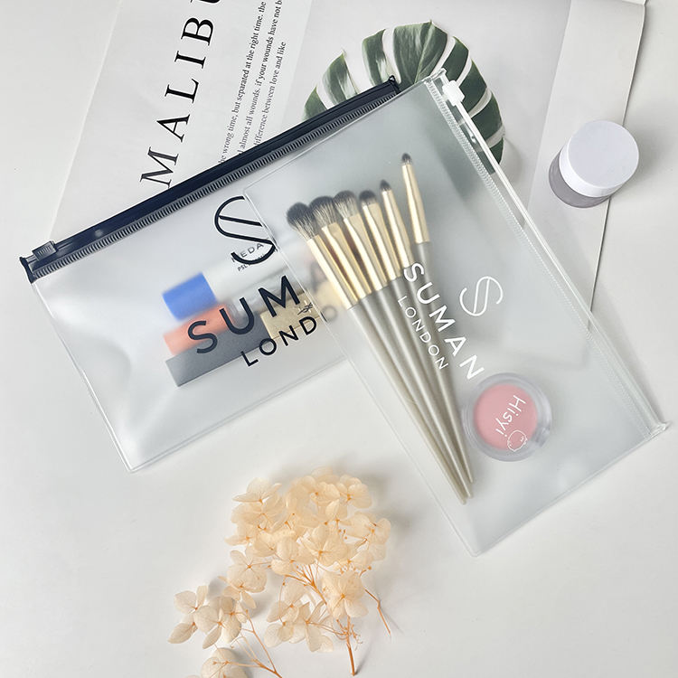 clear PVC cosmetic pouch set with black ring pull zippers and logo printing - view 5