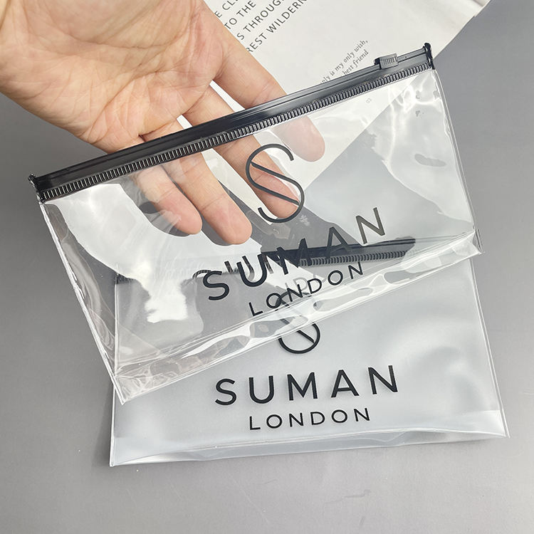 clear PVC cosmetic pouch with black slider side gusset and printed logo - view 2