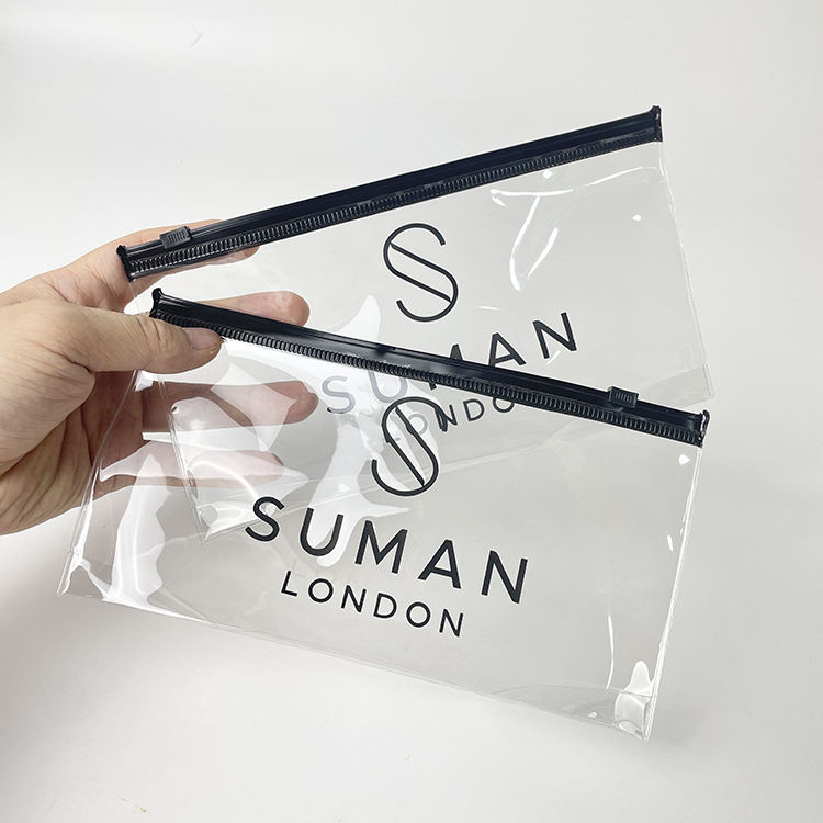 clear PVC cosmetic pouch with black slider side gusset and printed logo - view 3