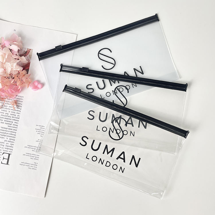 clear PVC cosmetic pouch with black slider side gusset and printed logo - view 4