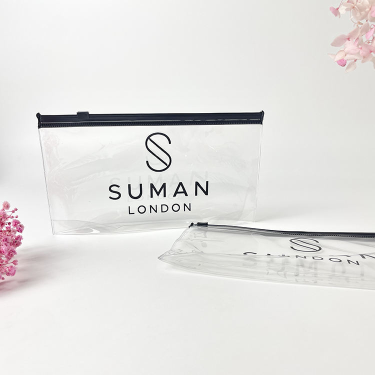 clear PVC cosmetic pouch with black slider side gusset and printed logo - view 6