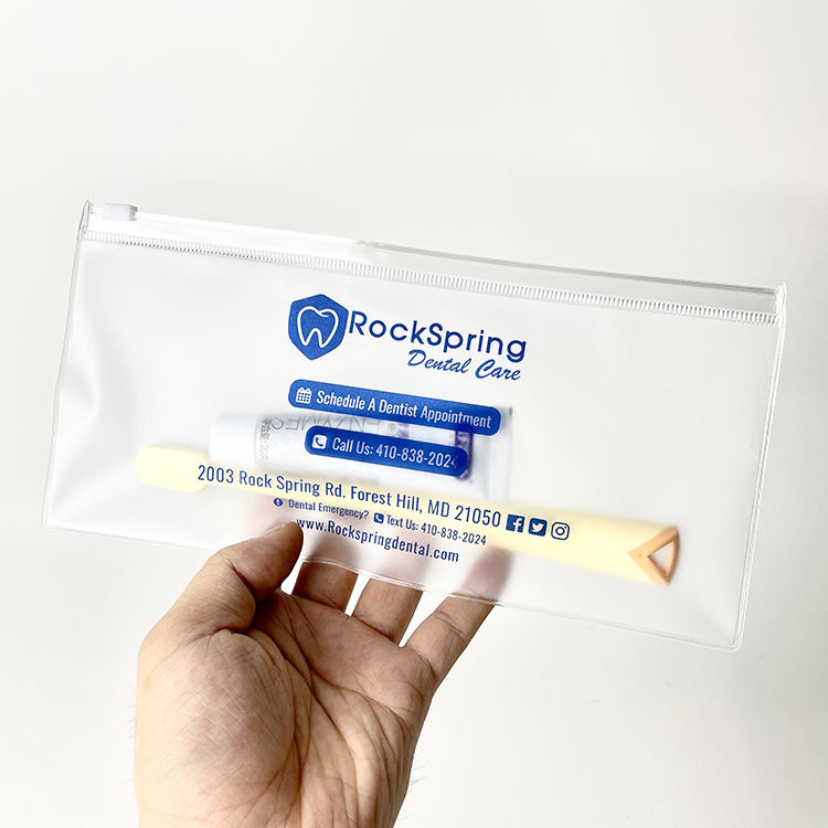 clear PVC dental toothbrush pouch with blue print and white slider