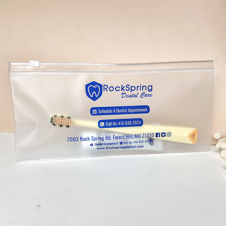 clear PVC dental toothbrush pouch with blue print and white slider - view 2