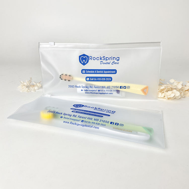 clear PVC dental toothbrush pouch with blue print and white slider - view 3