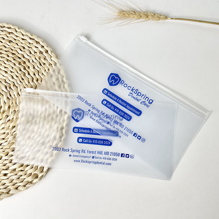 clear PVC dental toothbrush pouch with blue print and white slider - view 4