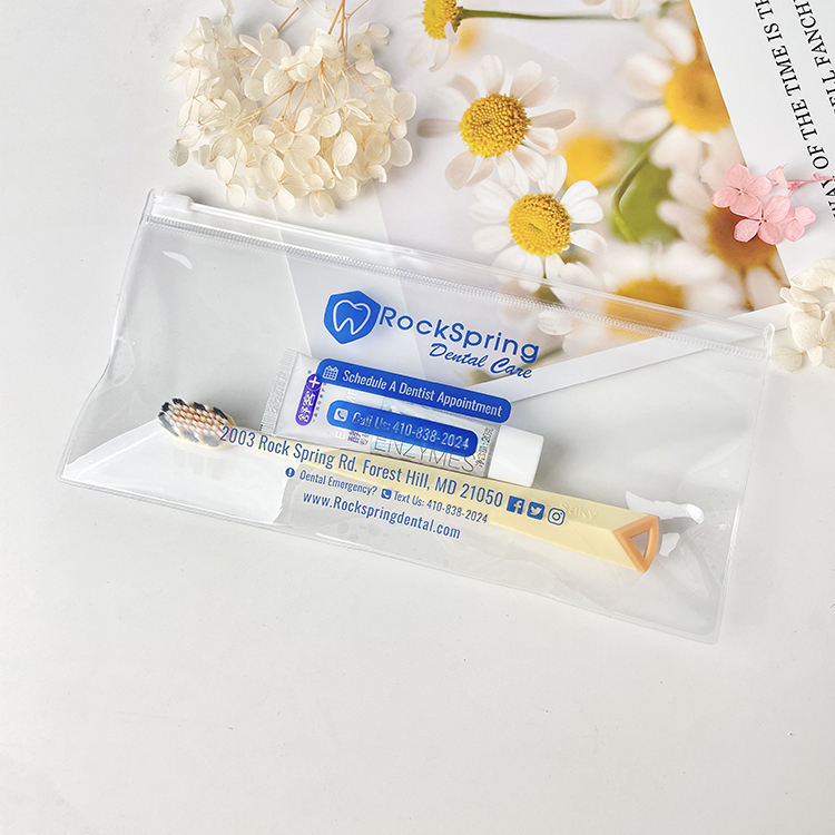 clear PVC dental toothbrush pouch with blue print and white slider - view 6