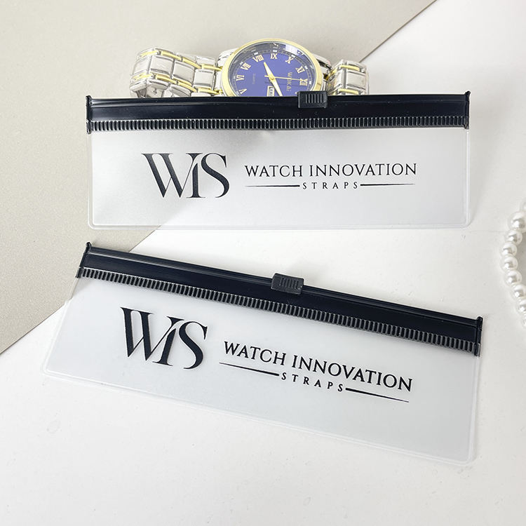clear PVC watch strap pouch with black slider and printed branding