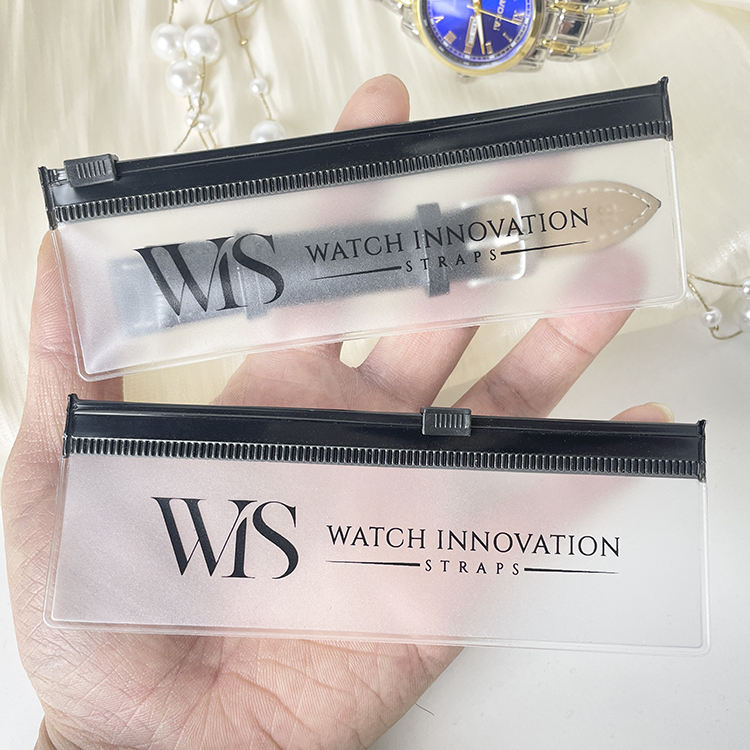 clear PVC watch strap pouch with black slider and printed branding - view 3