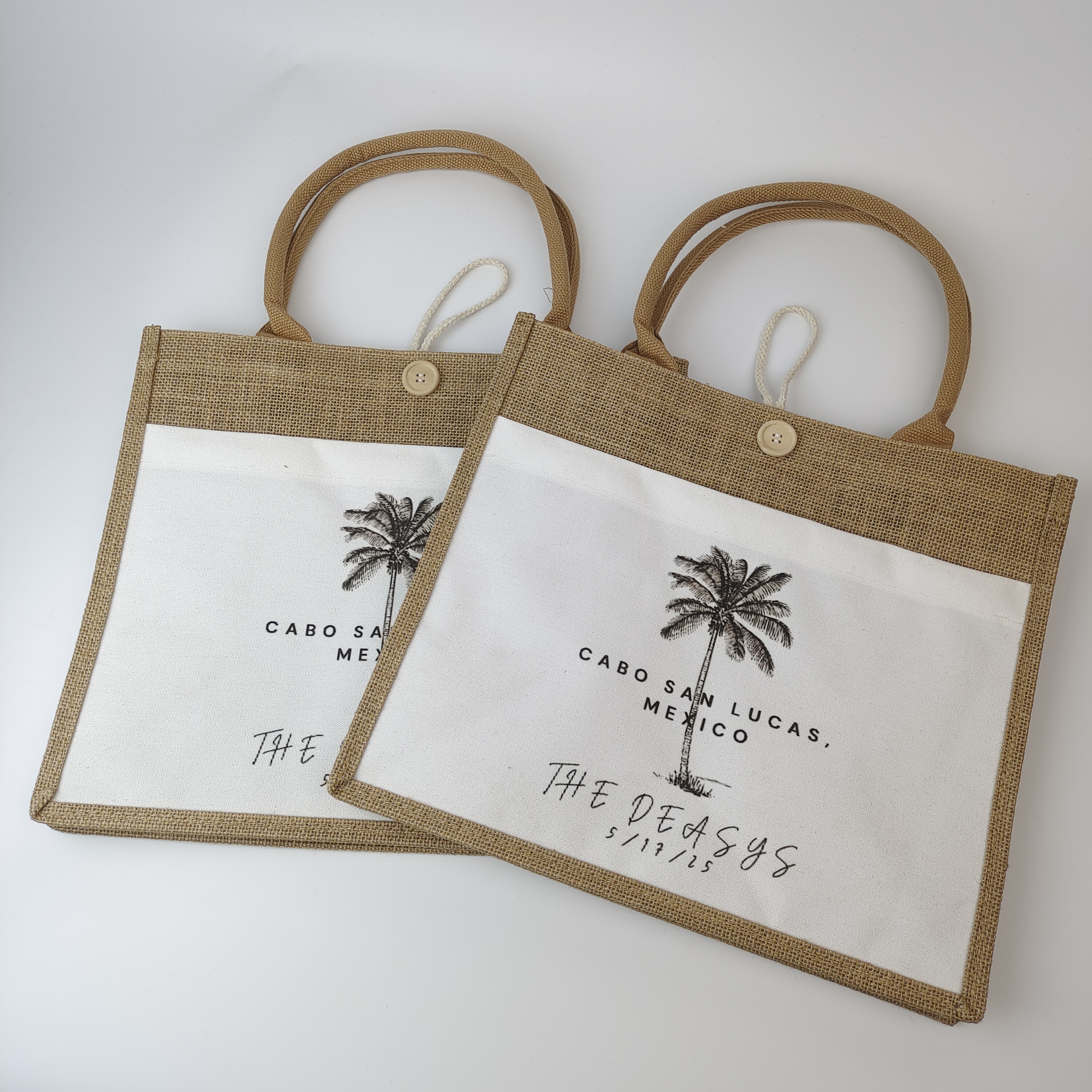 jute tote bag with contrasting canvas panel for printed branding