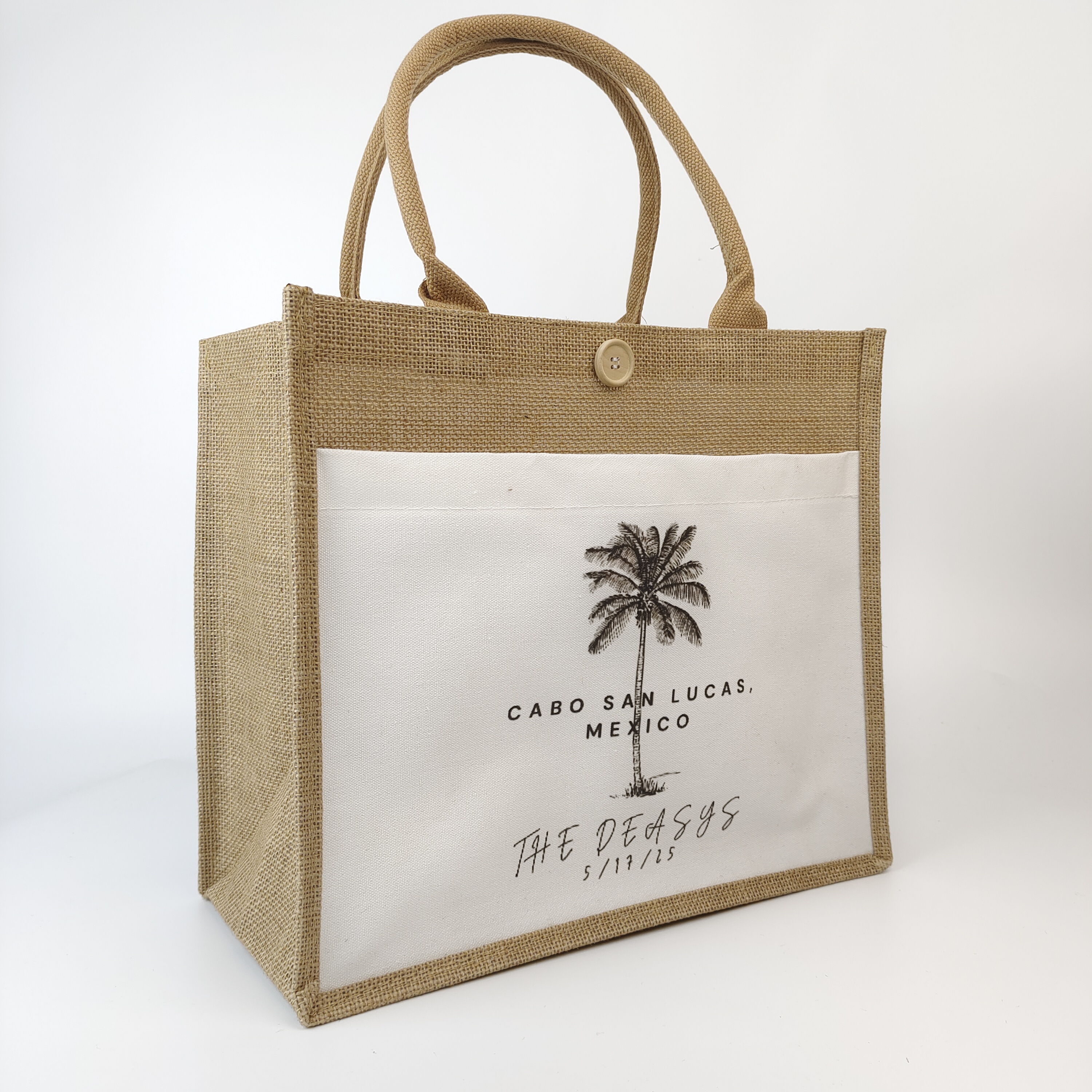 jute tote bag with contrasting canvas panel for printed branding - view 2