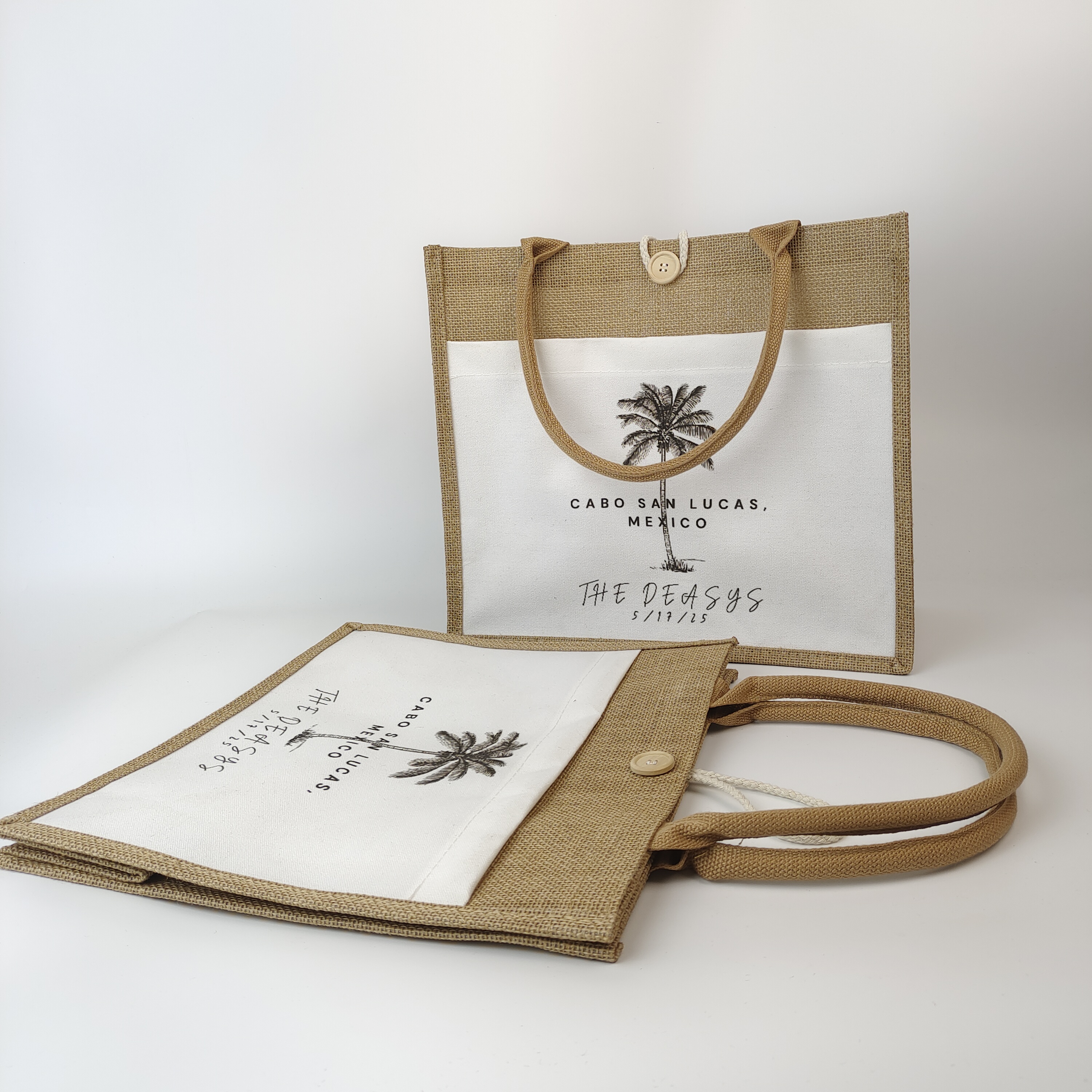 jute tote bag with contrasting canvas panel for printed branding - view 3
