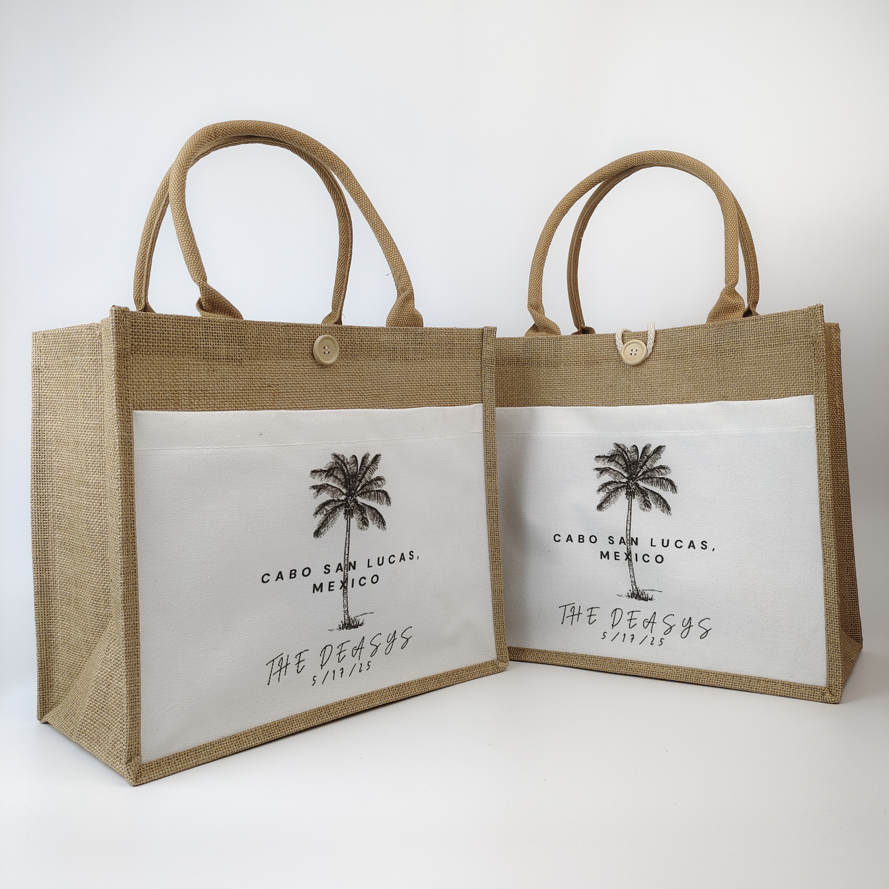 jute tote bag with contrasting canvas panel for printed branding - view 4