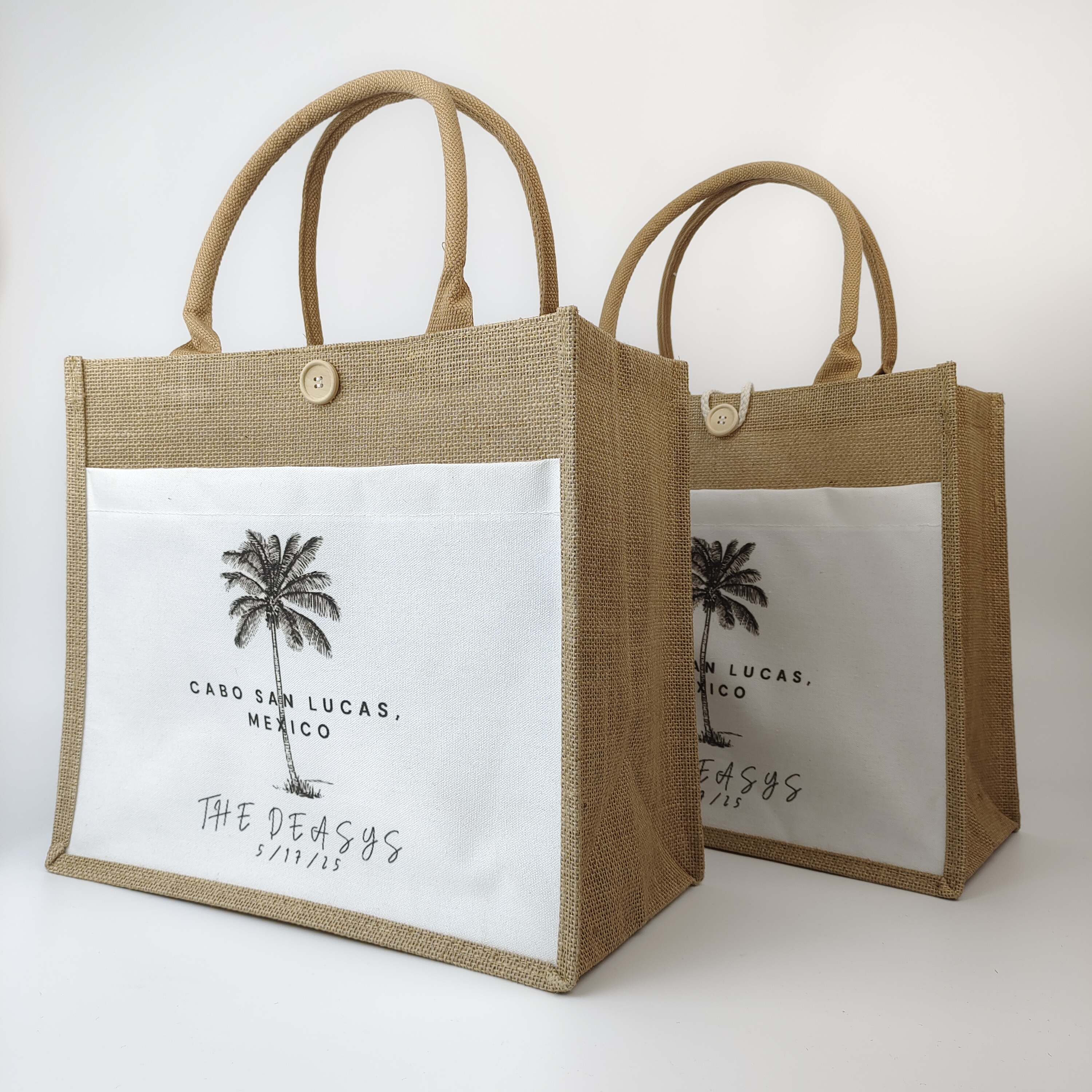 jute tote bag with contrasting canvas panel for printed branding - view 5