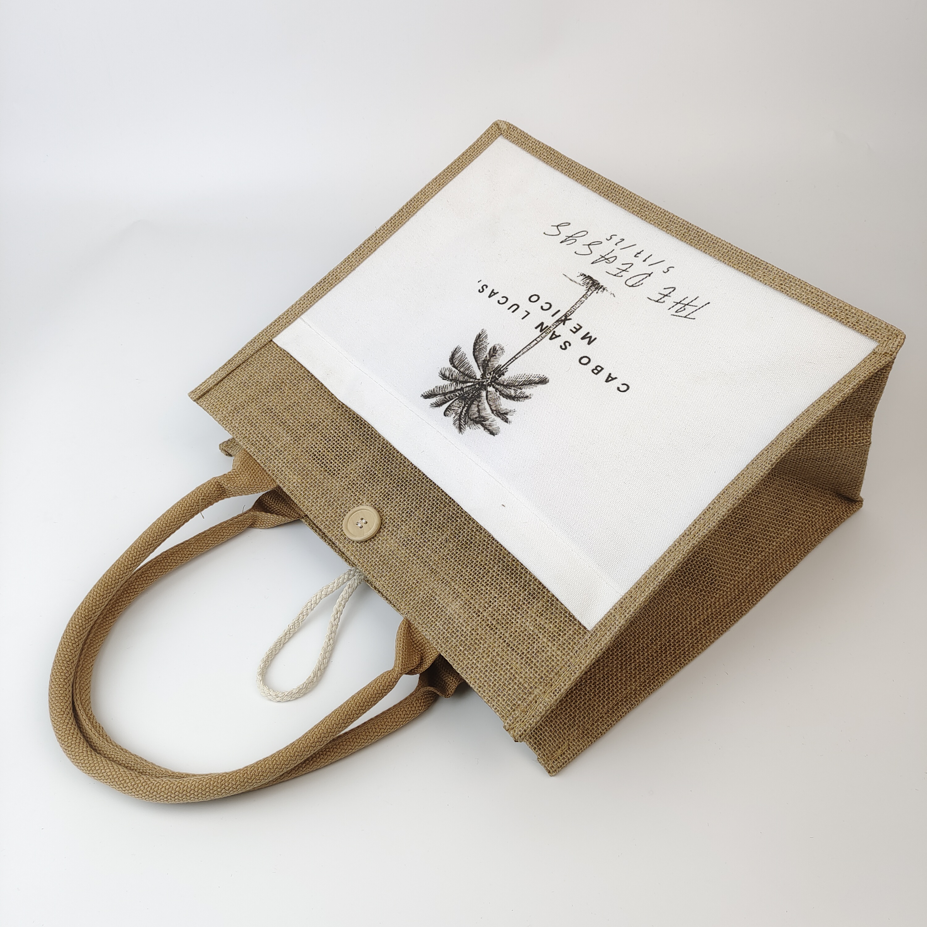 jute tote bag with contrasting canvas panel for printed branding - view 6