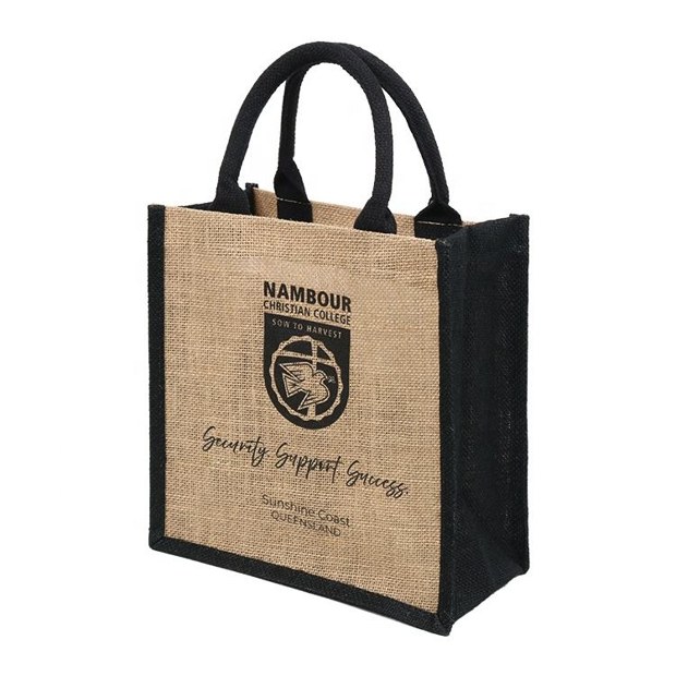 crest logo jute tote with black trim product example