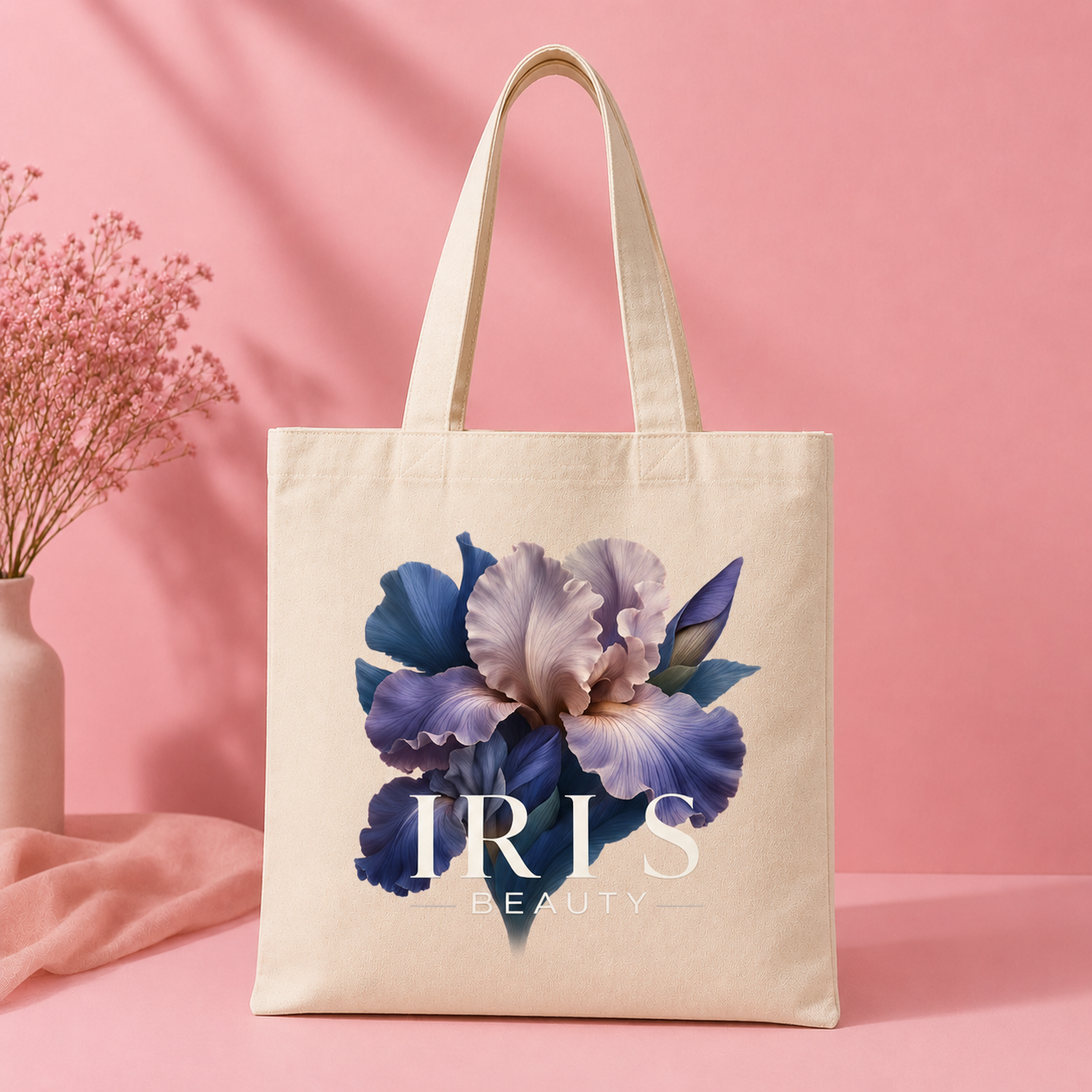 natural canvas tote bag with blue and purple floral print - view 1