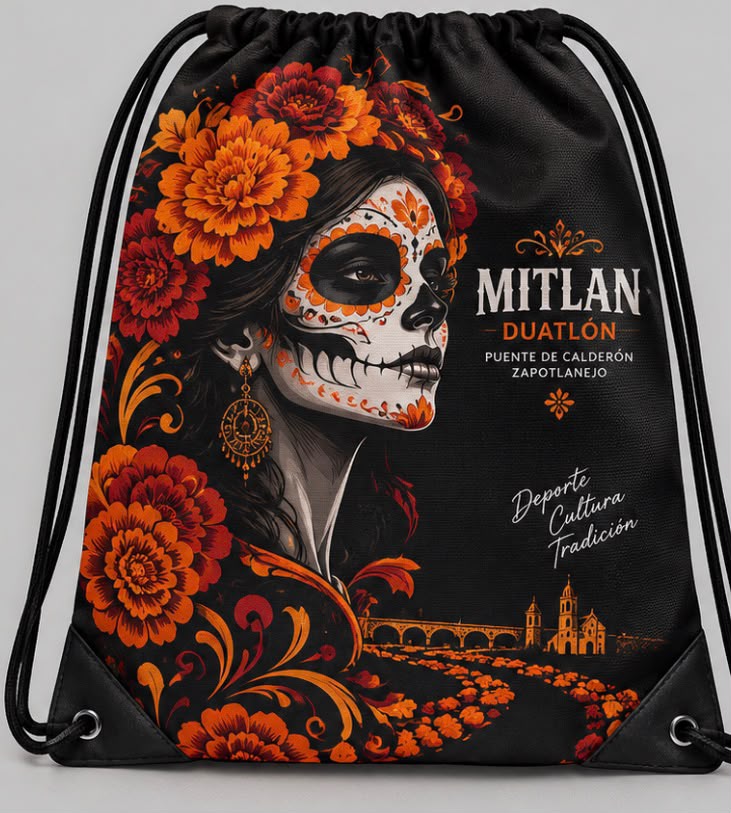 black full color polyester drawstring backpack with orange floral skull artwork - view 1