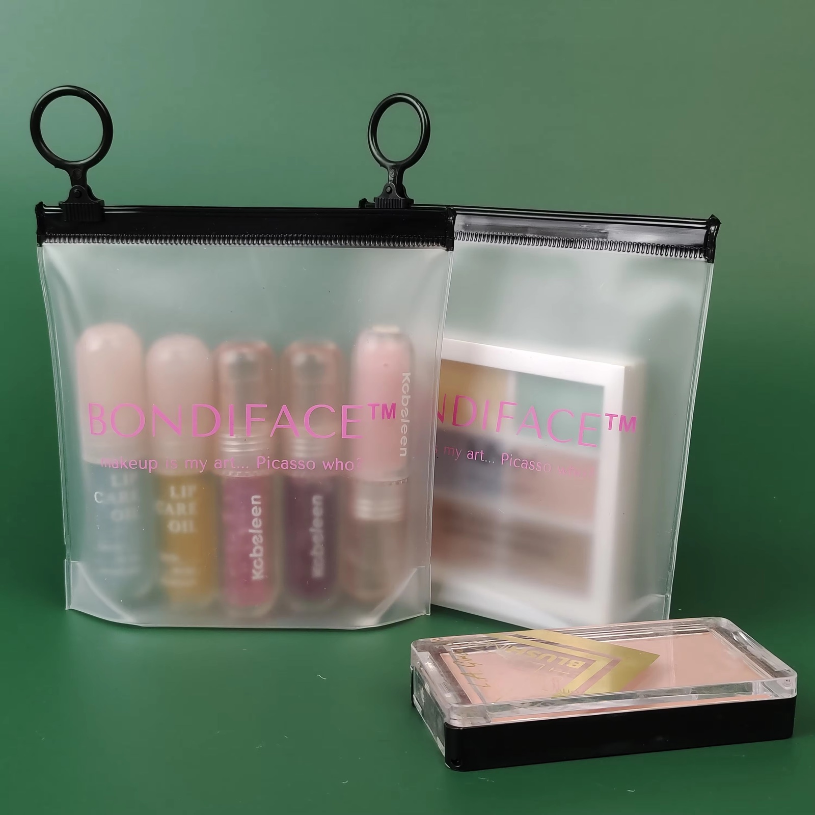 frosted makeup pouches with black zipper and pink printed logo - view 1