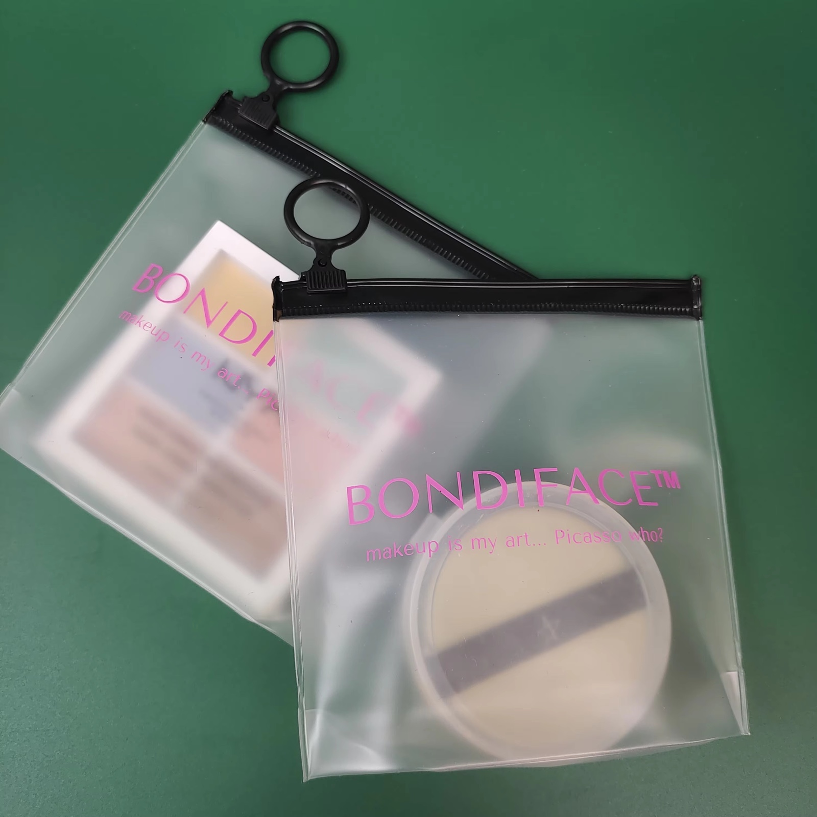 frosted makeup pouches with black zipper and pink printed logo - view 3