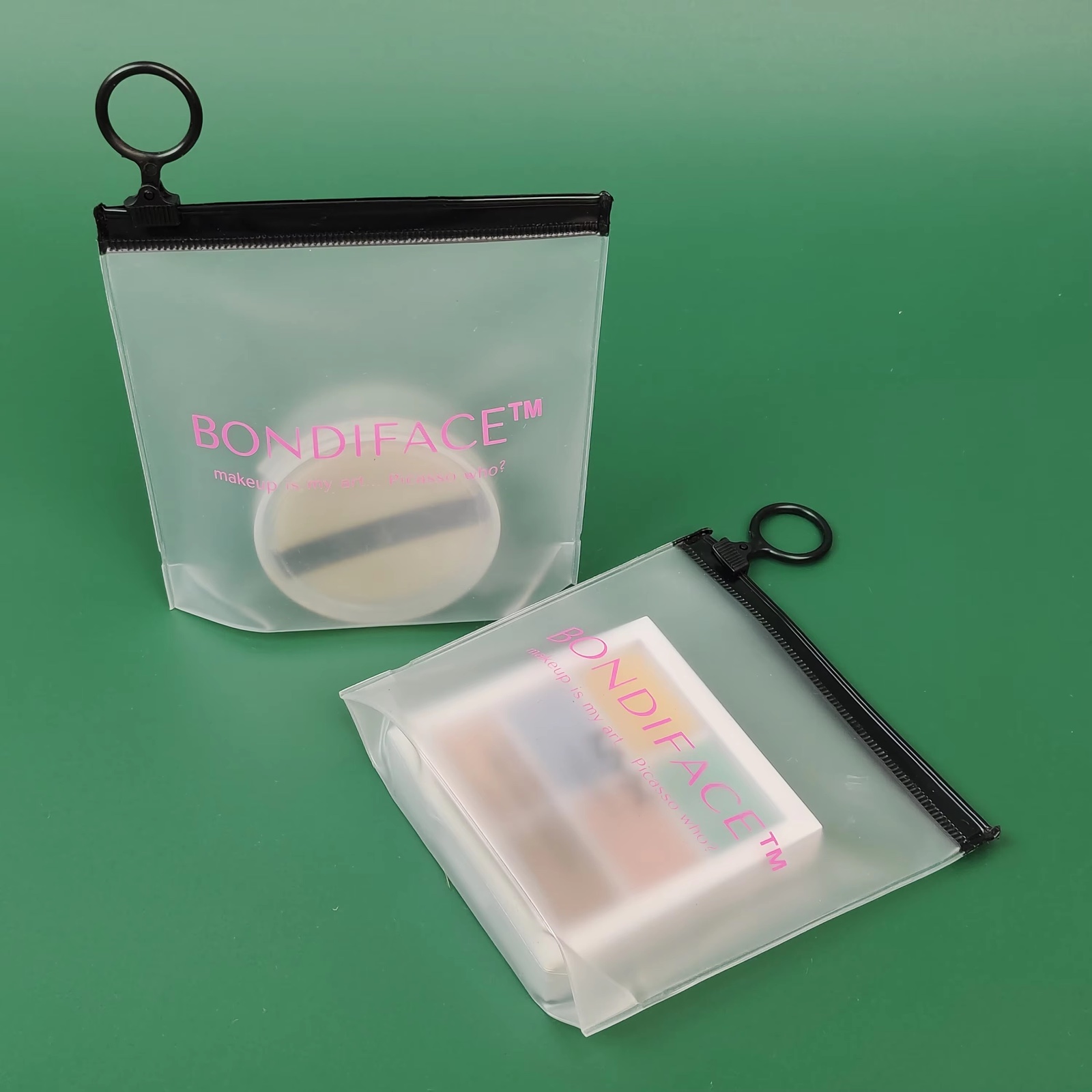 frosted makeup pouches with black zipper and pink printed logo - view 4