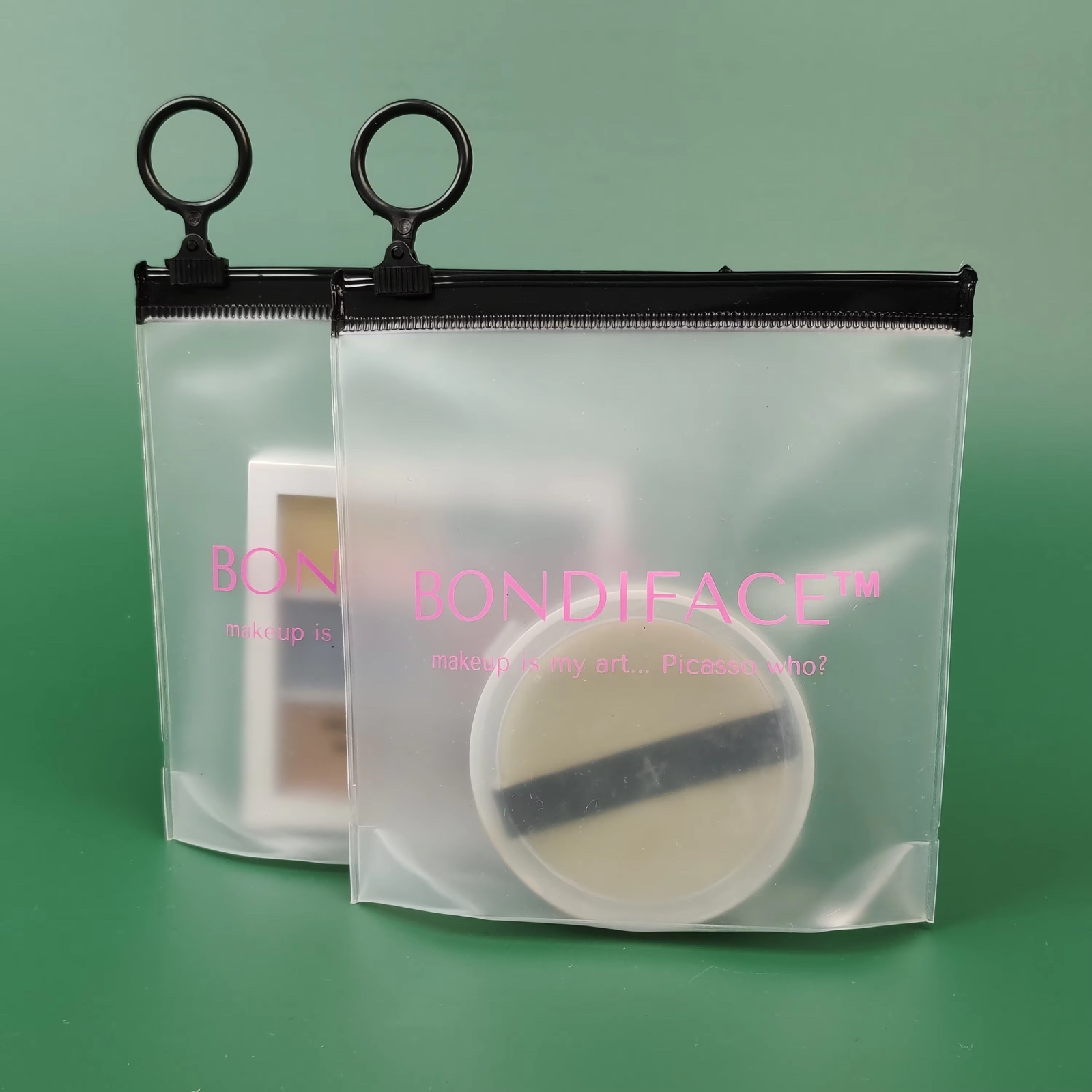 frosted makeup pouches with black zipper and pink printed logo - view 5