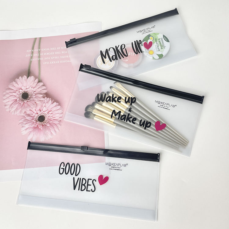 frosted PVC makeup pouch set with black slider closures and printed messages - view 3