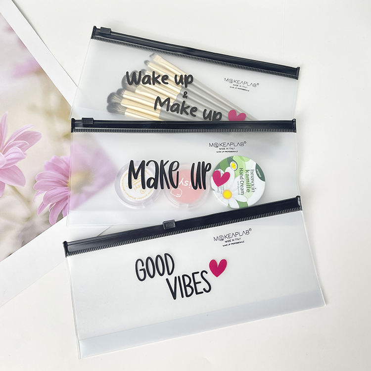 frosted PVC makeup pouch set with black slider closures and printed messages - view 4