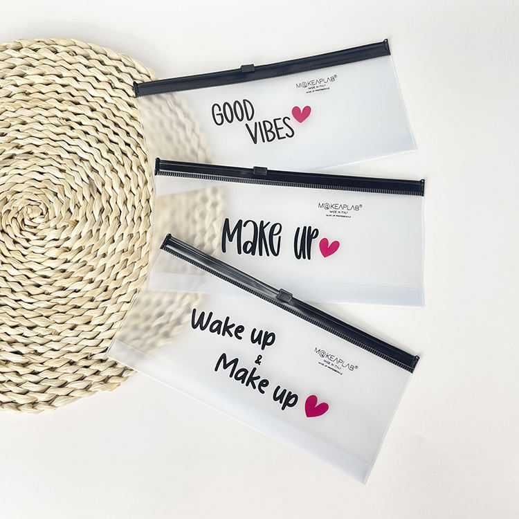 frosted PVC makeup pouch set with black slider closures and printed messages - view 5