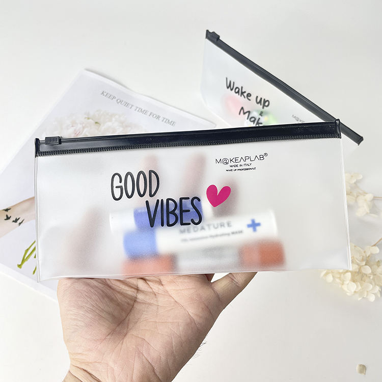 frosted PVC makeup pouch set with black slider closures and printed messages - view 6