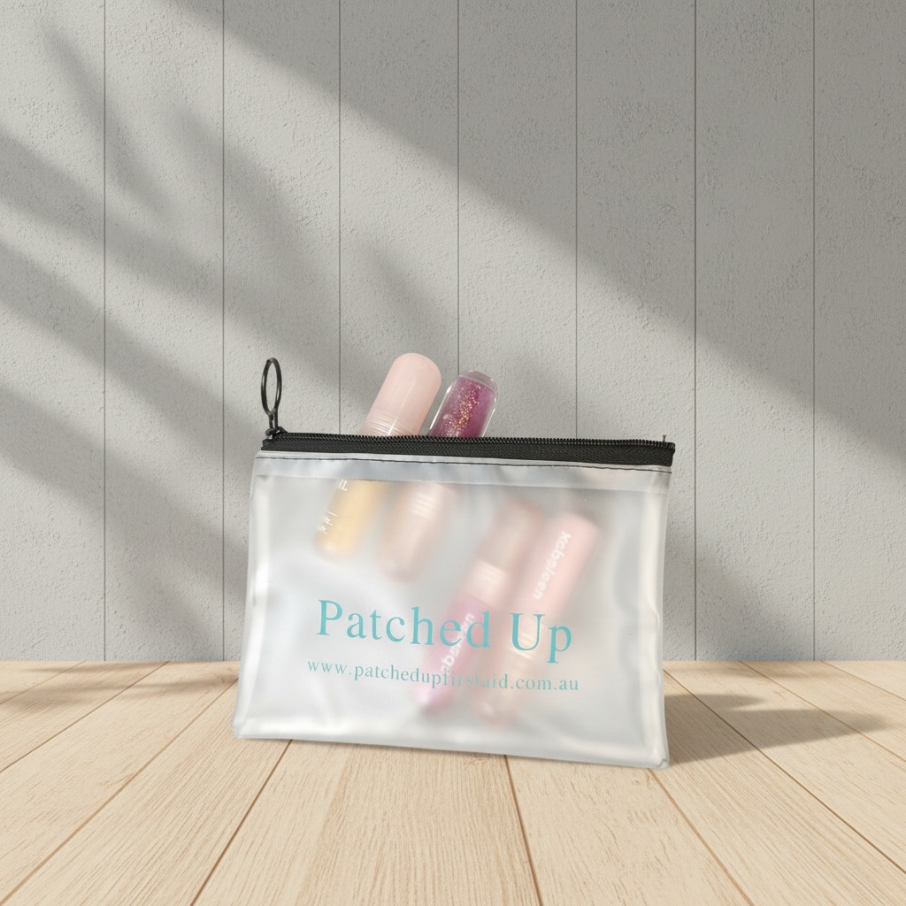 frosted PVC cosmetic pouch with black cloth zipper and printed logo