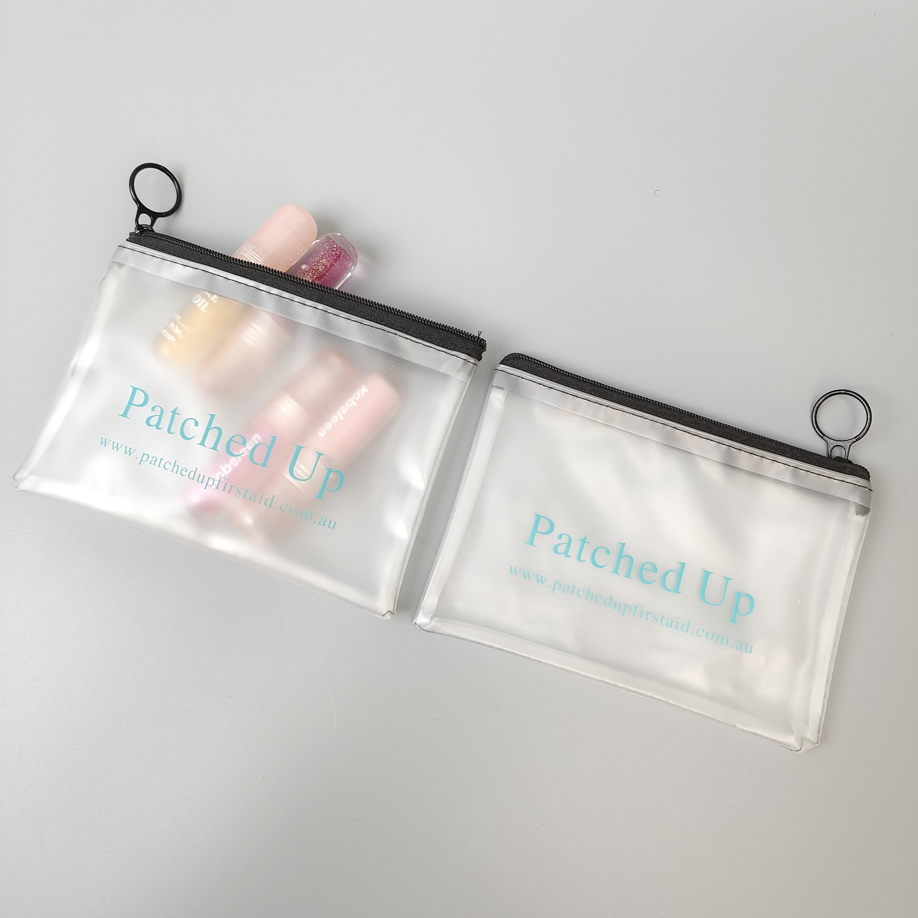 frosted PVC cosmetic pouch with black cloth zipper and printed logo - view 2