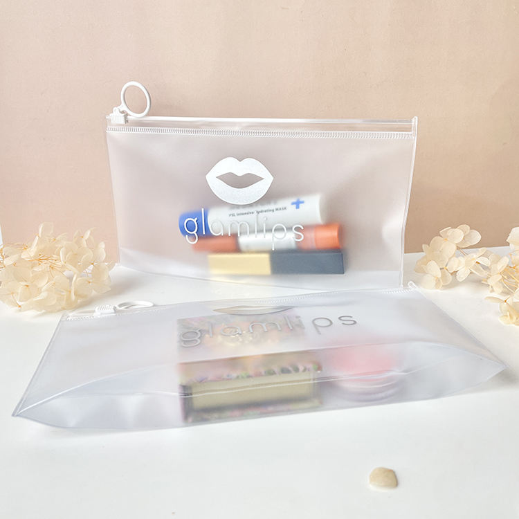 frosted PVC cosmetic pouch with white ring pull and silver logo - view 3