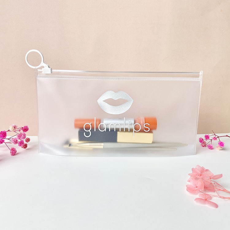 frosted PVC cosmetic pouch with white ring pull and silver logo - view 4