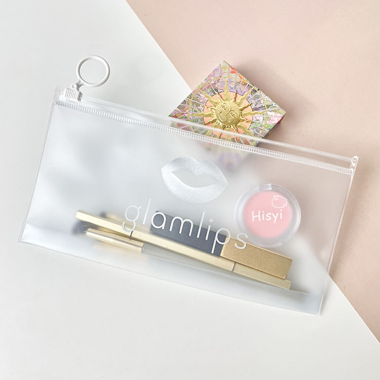 frosted PVC cosmetic pouch with white ring pull and silver logo - view 5