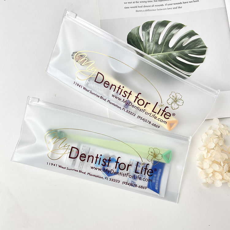 slim frosted PVC toothbrush pouch with white slider and dental print - view 2