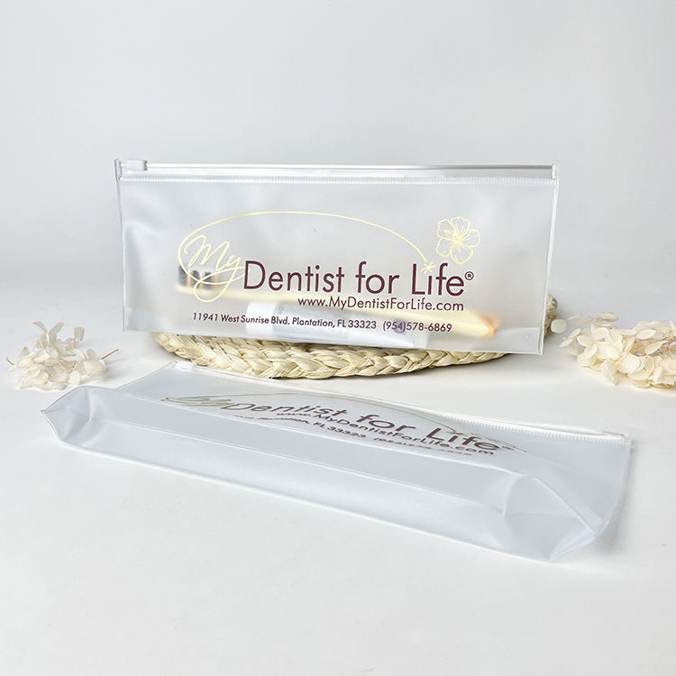 slim frosted PVC toothbrush pouch with white slider and dental print - view 3