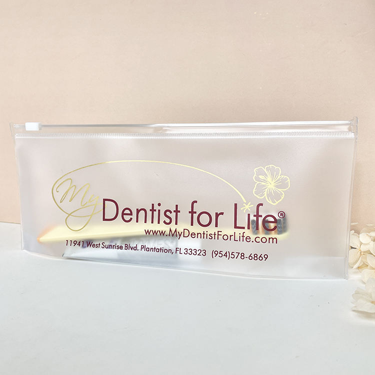 slim frosted PVC toothbrush pouch with white slider and dental print - view 4